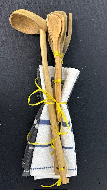 Hand-carved Wooden Utensil Set with Blue and White Towels