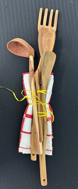 Hand-carved Wooden Utensil Set with Red and White Towels