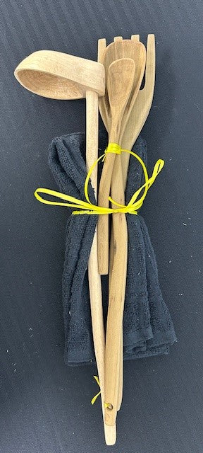 Hand-carved Wooden Utensil Set with Black Towels #1
