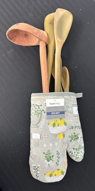 Hand-carved Wooden Utensil Set with Lemon Oven Mitt